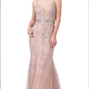 Long embroidered mermaid prom dress shines with beaded embroidery.   Rose Gold